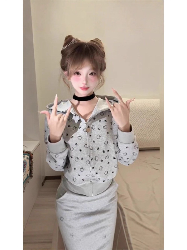 美式复古kitty猫印花灰色连帽卫衣女春秋慵懒百搭短款外套|undefined
