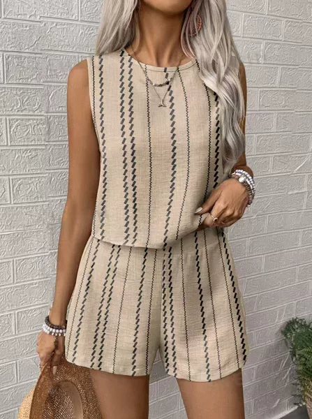 in stock Amazon Tiktoktemu European and American summer casual striped sleeveless fashion vest shorts two-piece set