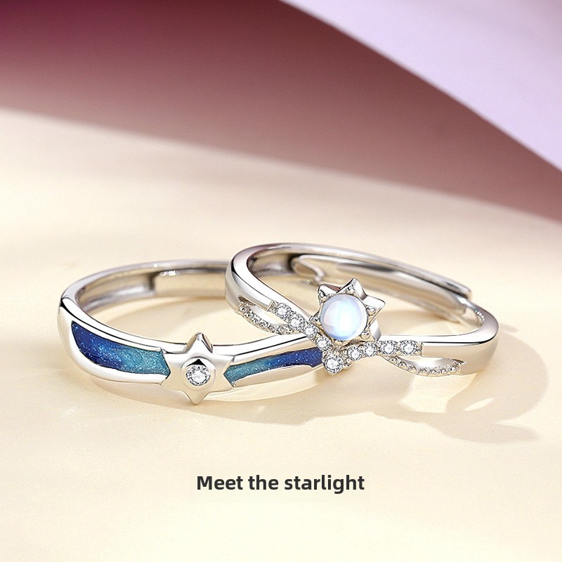 Bague de couple Starlight au design original en argent sterling avec pierre de lune coréenne et zircon micro-incrusté_voghion.com