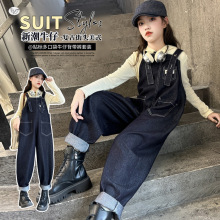 女童背带裤套装2025年秋季大童新款帽衫牛仔老爹裤两件套中春秋装