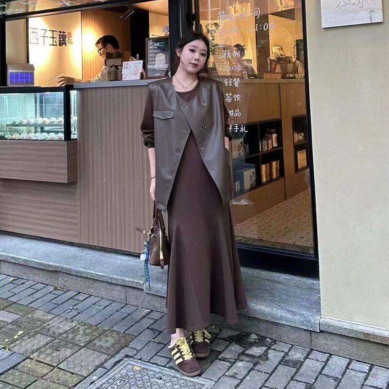大码坎肩无袖皮马甲背心+长袖连衣裙两件套女胖mm春秋穿搭套装|undefined