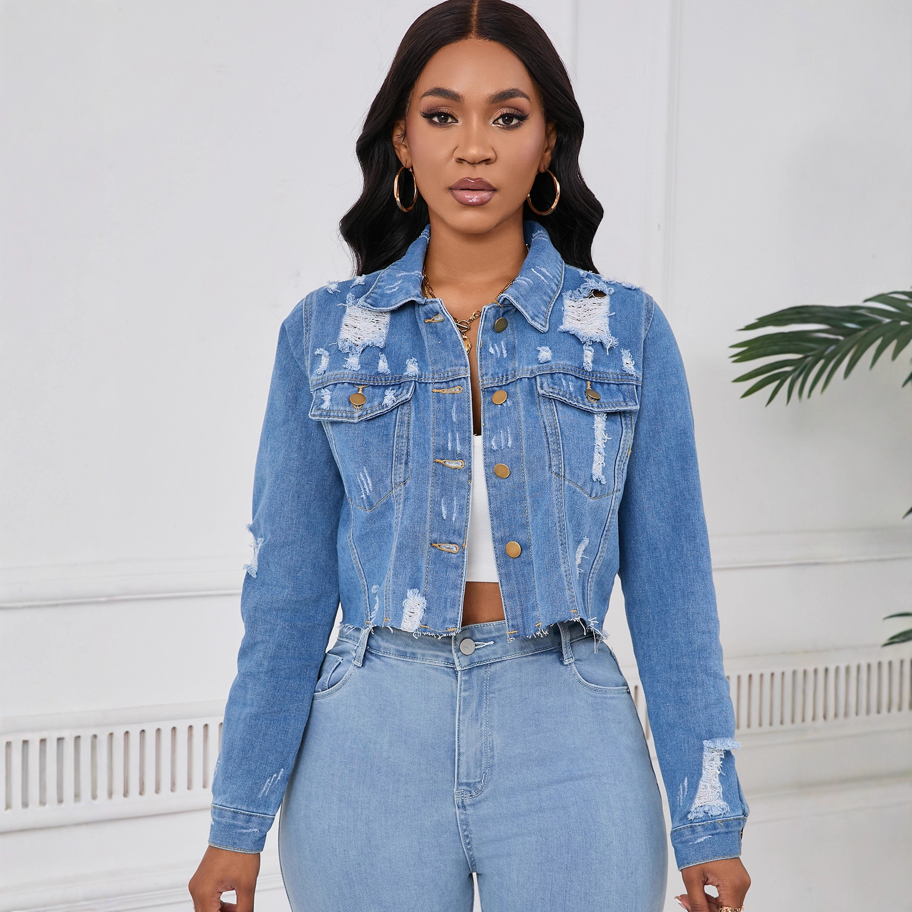 Real Shot of Cross-Border Supply Ebay Amazon Wish Short Frayed Denim Jacket for Women