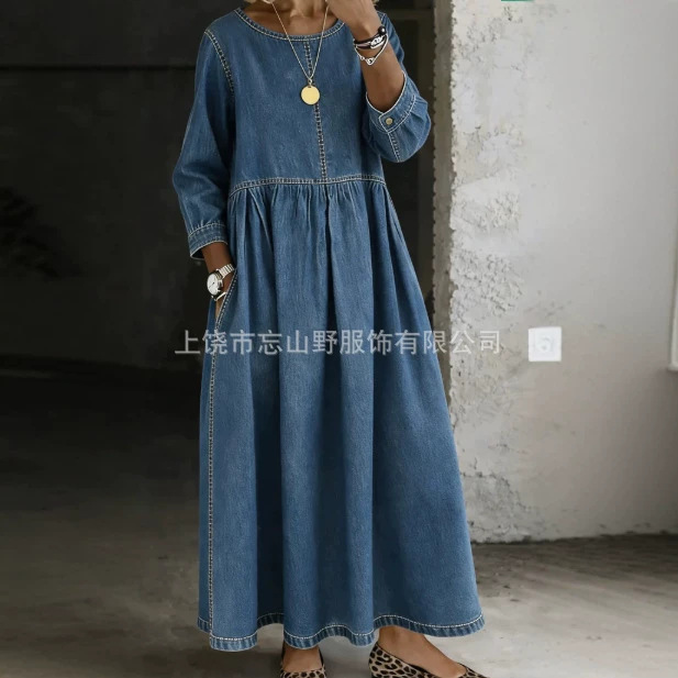 Cross-Border New Product, Popular in Europe and America, Round Neck Long Sleeve Dress with Pockets, Plus Size, Loose Fit, Large Hem, Amazon Cross-Border New Product, Popular in Europe and America, Round Neck Long Sleeve Dress with Pockets, Plus Size, Loose Fit, Large Hem, Amazon