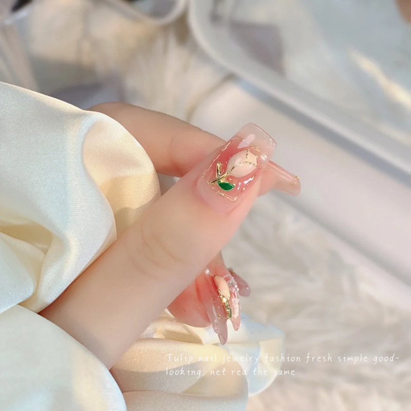 Arte de uñas popular tulipán joyería metal textura luz estilo de lujo aceite goteo Rosa Internet celebridad uñas diamante flor Accesorios