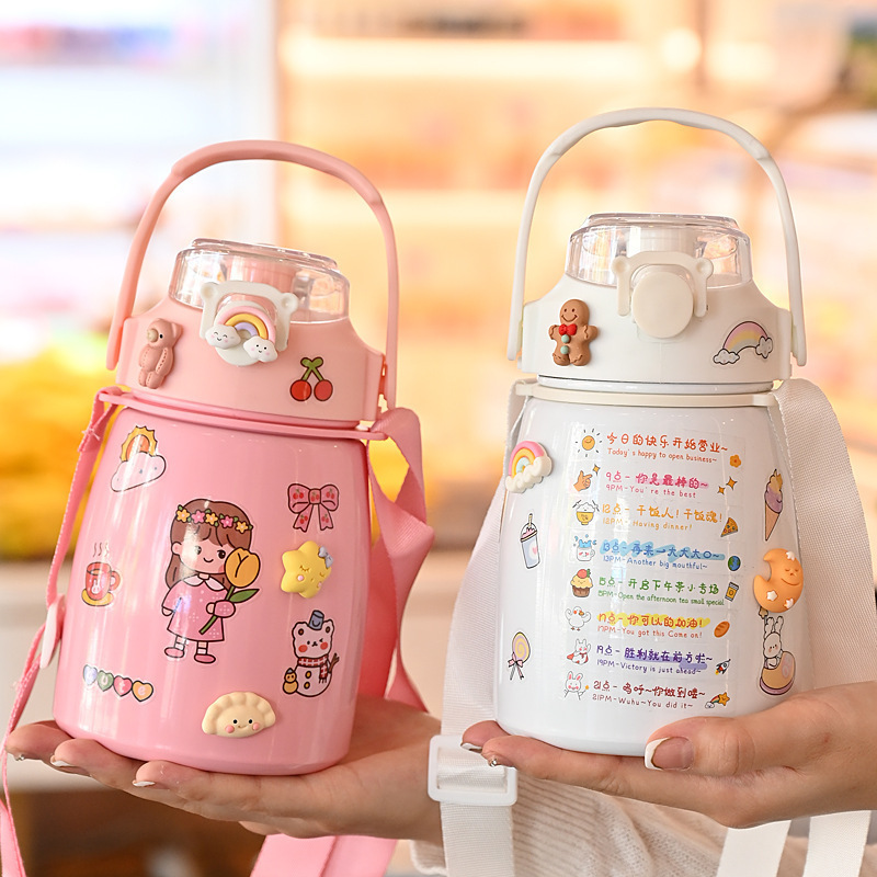 Internet Celebrated Big Belly Cup Large Capacity 900ml Children's Thermos Cup Crossbody Straw Student 304 Stainless Steel Bounce Water Cup