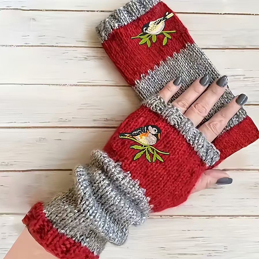 Knitted Fingerless Gloves For Women Warm Embroidered Patchwork_voghion.com