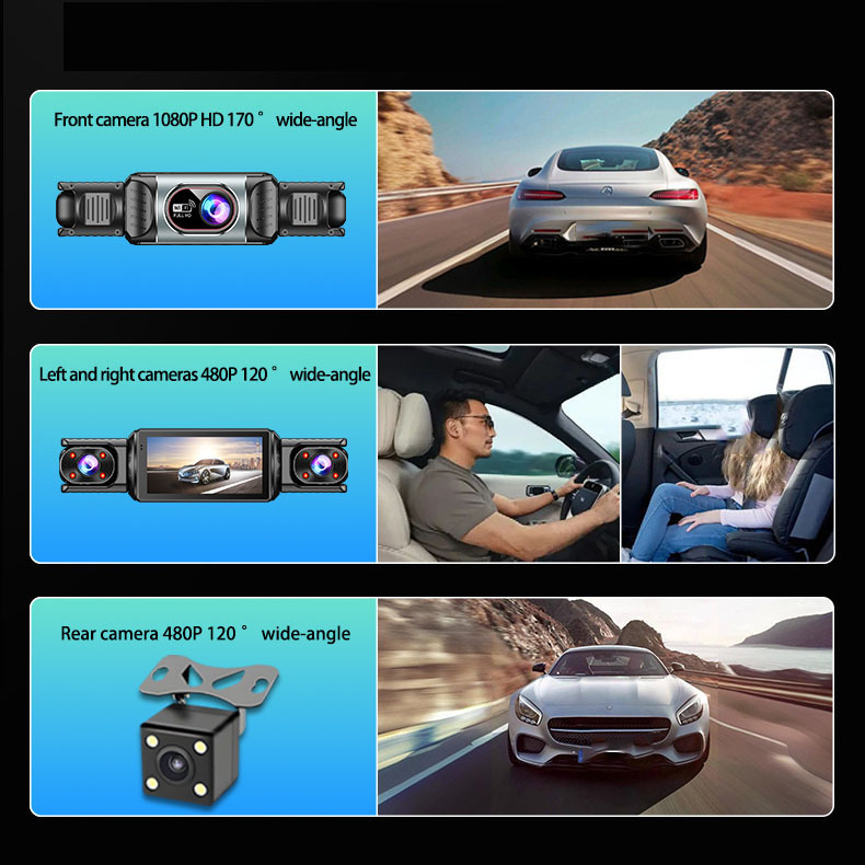 New three-camera dashcam with infrared night vision, WiFi mobile phone connectivity, and panoramic view for trucks and cars