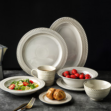 創意款浮雕碗碟套裝家用組合陶瓷碗米飯碗西餐盤魚盤廚房餐具套裝