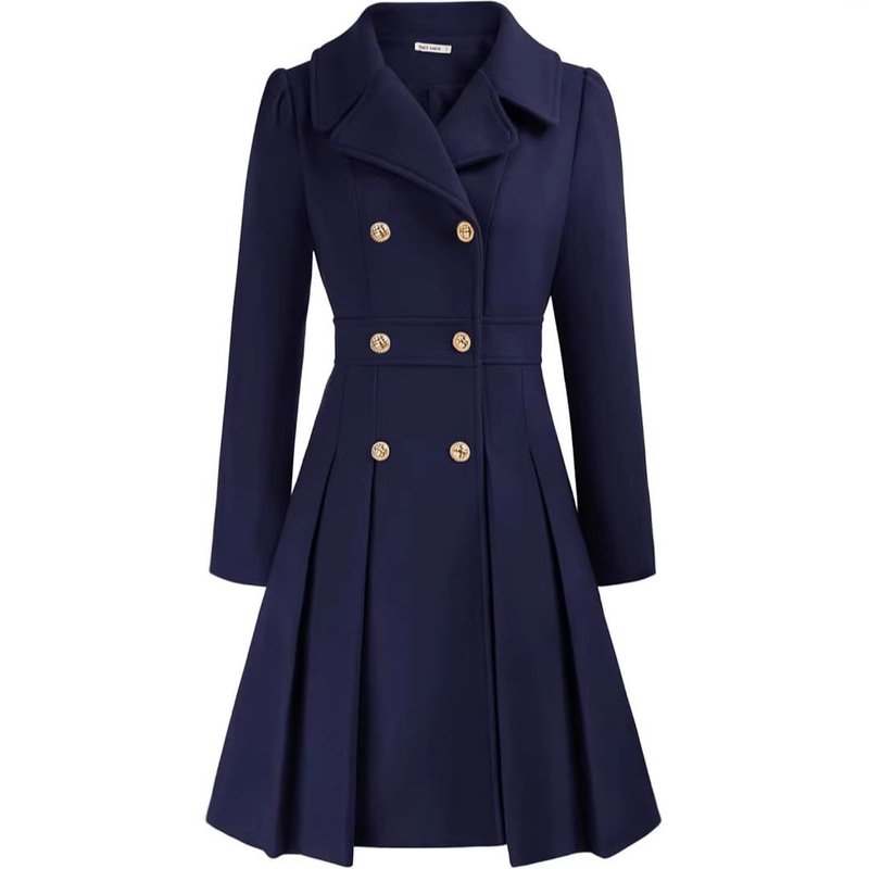 Amazon Cross-Border European and American Notch Lapel Double-Breasted Thick A-Line Pea Coat with Pockets and Lining