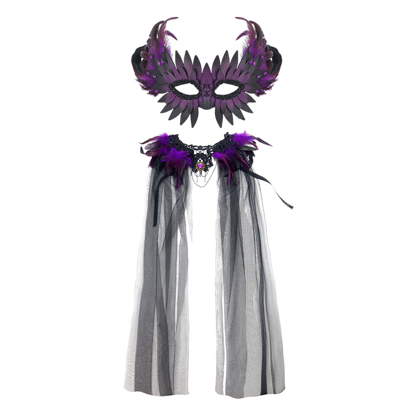 Halloween nuevo estilo gótico pluma encaje decoración chal de cuero pluma máscara de diamante COS accesorios de vestir