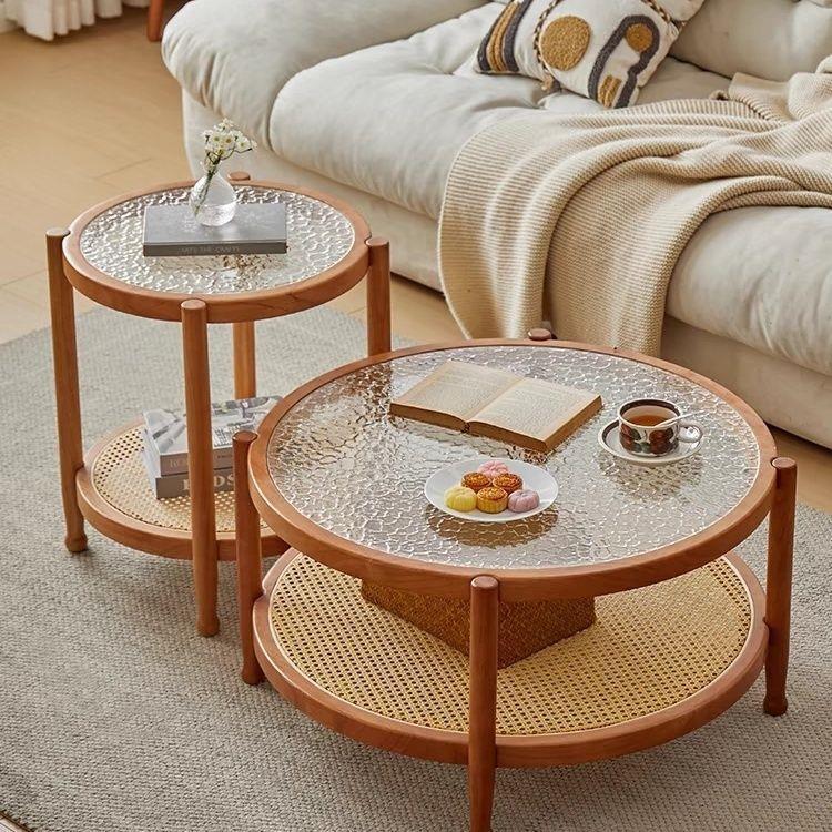 Solid wood Japanese-style glass round long rainbow small coffee table for living room, home use, suitable for small apartments, Nordic rattan woven, simple double-layer design