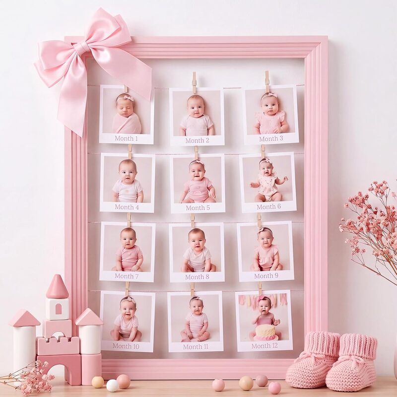 My First Year Photo Frame Board Pink Bow Baby First Birthday Commemorative Board Milestone Photo Display Board My First Year Photo Frame Board Pink Bow Baby First Birthday Commemorative Board Milestone Photo Display Board