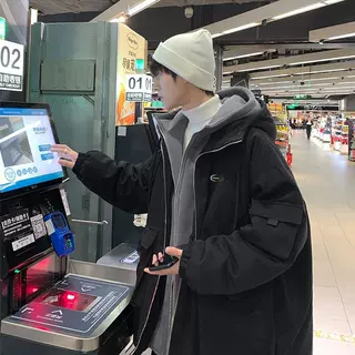 冬季工装棉衣外套男2026新款假两件连帽加厚棉服港风潮牌保暖棉袄