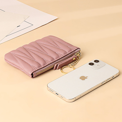 Fashionable sheepskin short small wallet ultra-thin plaid coin key storage coin bag zipper coin purse women's genuine leather