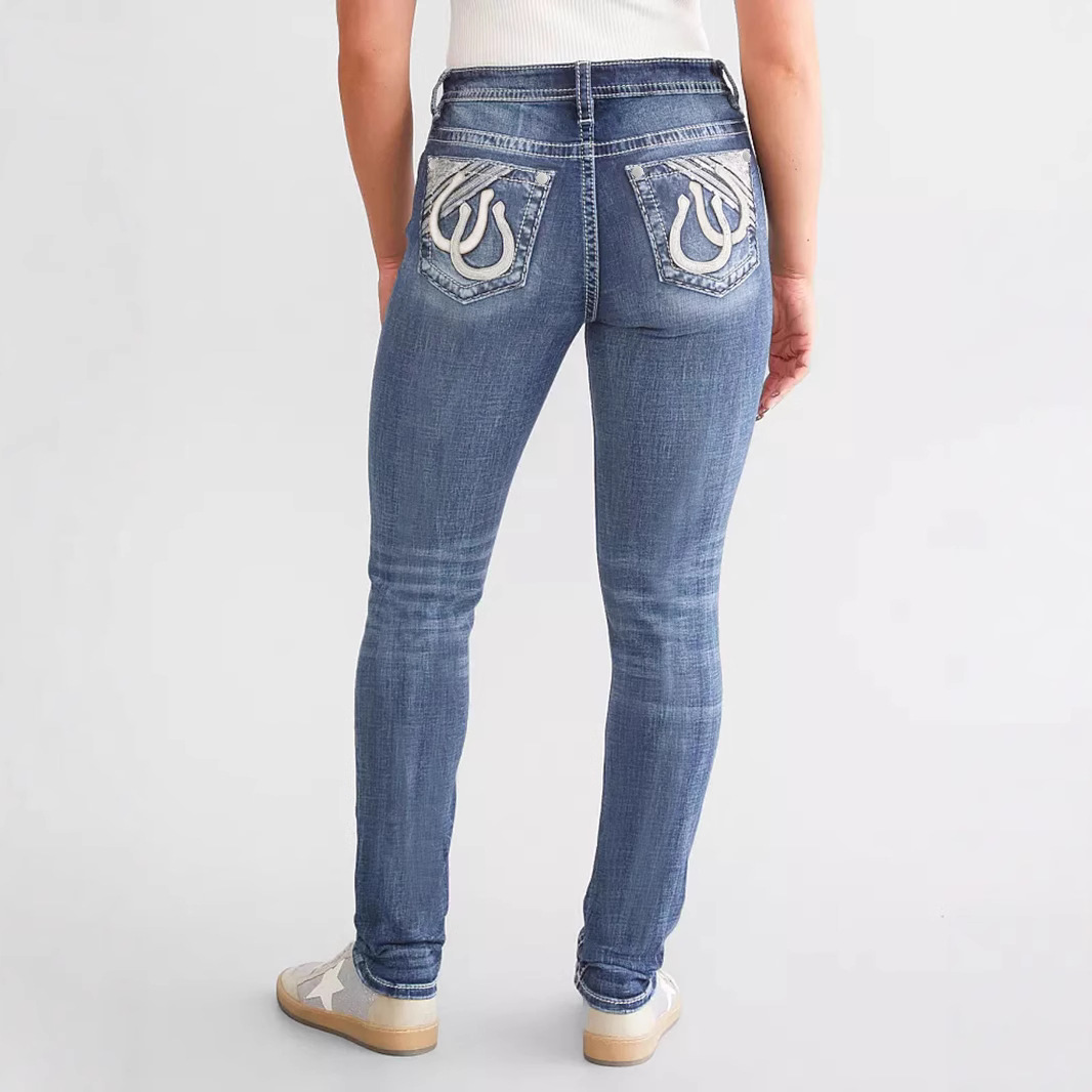Women's Slim Fit Embroidered Jeans - Stretch Denim Pants With Floral Stitching (Blue, Sizes S-Xxl) Breathable Cotton Blend_ecoleips.com