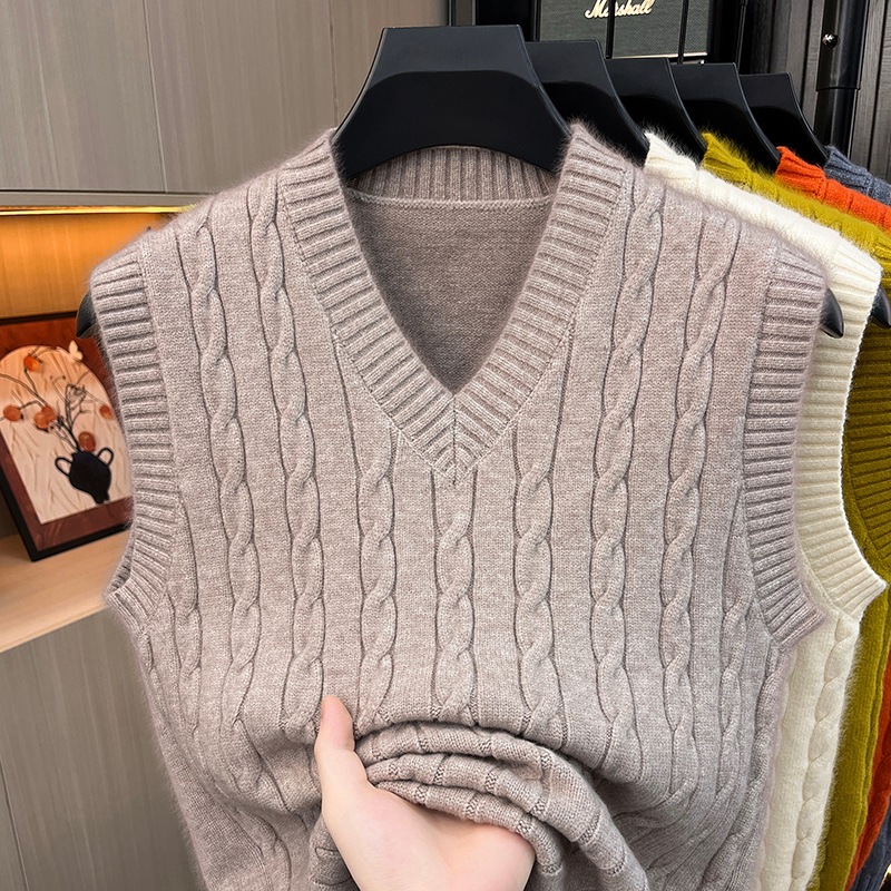 Anti-pilling men's knitted V-neck sweater vest, new autumn and winter sleeveless casual warm solid color vest