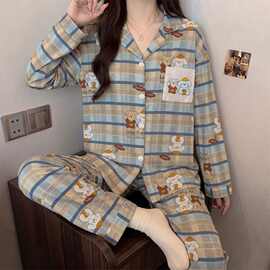 小熊图案印花两件套女士家居服春夏秋长袖长裤睡衣套装女跨境货源