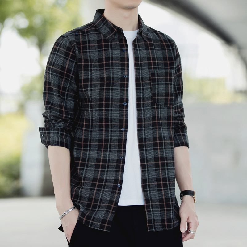 Cross-border foreign trade generation men's shirt popular-retro Dark plaid long sleeve bottoming shirt men's outer wear Cross-border foreign trade generation men's shirt popular-retro Dark plaid long sleeve bottoming shirt men's outer wear