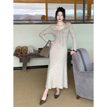 SYT自制 荷叶边收腰修身羊毛针织连衣裙女冬季新款小翻领收腰长裙