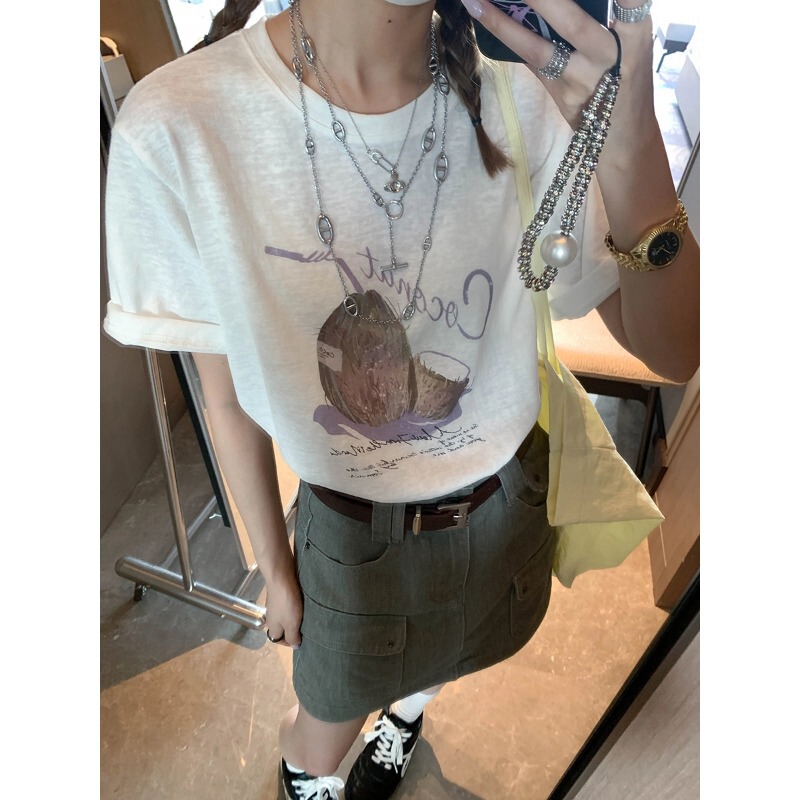 Trendy Blogger Style Korean Summer Coconut Letter Print Round Neck Loose Short-Sleeve T-Shirt Mq1535 Trendy Blogger Style Korean Summer Coconut Letter Print Round Neck Loose Short-Sleeve T-Shirt Mq1535