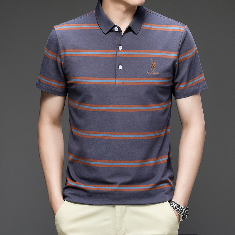 Exclusivo transfronterizo para verano nuevo estilo de algodón bordado de manga corta camiseta de hombre a rayas casual solapa de gran tamaño camisa POLO para hombre