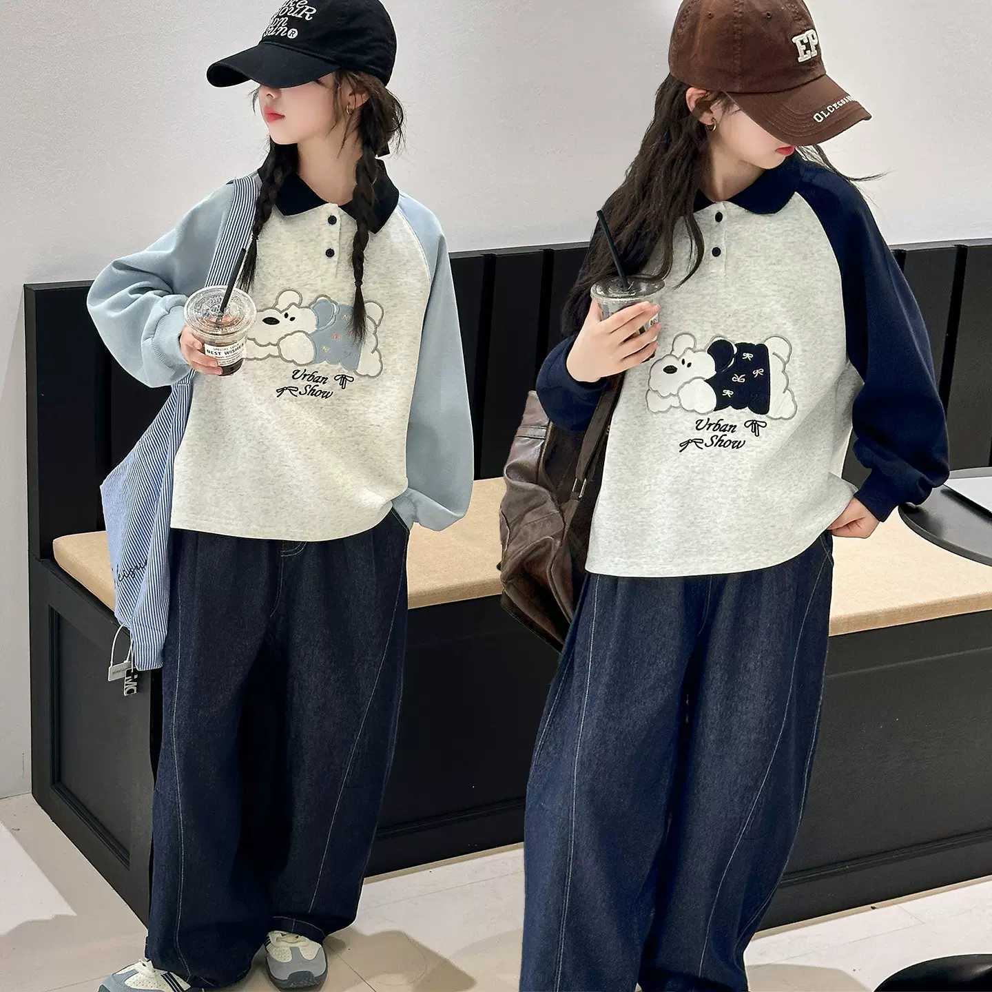 女童套装秋季2025新款大儿童装洋气休闲运动小狗卫衣牛仔裤两件套