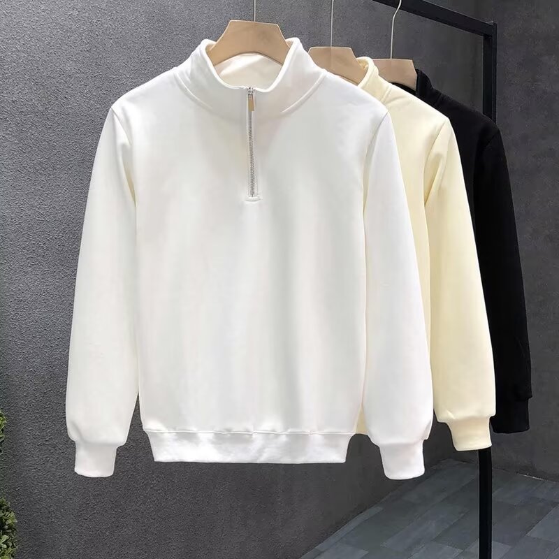 Trendy Brand Hong Kong Style Solid Color Long-sleeved Shirt Men's Fashion American Retro Loose Half-zipper Sweater_viptrois.com