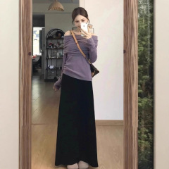 法式紫色一字肩连衣裙子女早秋季2025新款韩系小个子穿搭套装长裙