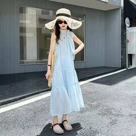 女中大童夏款薄荷蓝雪纺连衣裙海边度假吊带裙显瘦夏日穿搭裙