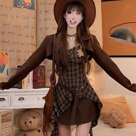 纯欲美式拉德辣妹收腰套装吊带秋季开衫不规则外套复古格纹连衣裙