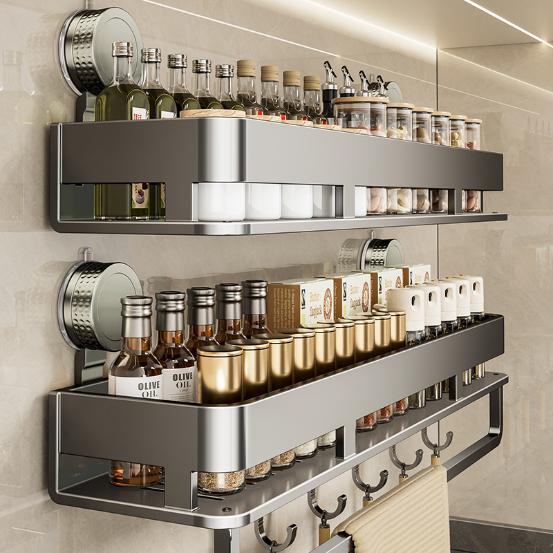 Suction Cup Kitchen Storage Rack, Multi-Functional Spice Organizer, No-Drill Wall-Mounted Household Seasoning Storage Shelf