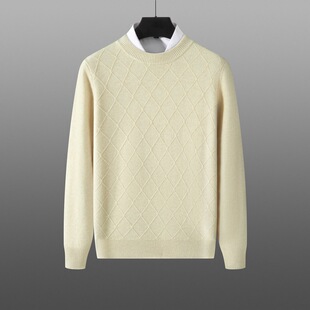 Autumn and Winter Cashmere Crewneck Sweater Men's Loose Rhombic Jacquard Pullover Thickened Sweater Casual Wool Knitted Base Shirt