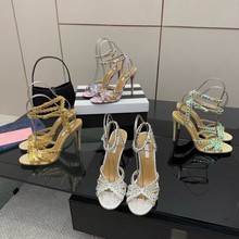 2025夏季凉鞋水钻皮面高跟鞋高端性感欧美真皮时尚高跟凉鞋女