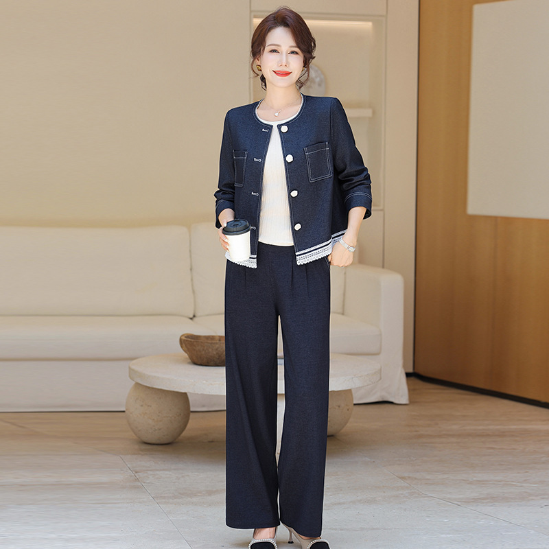 Tweed Style Mom Suit Women's 2025 Spring and Autumn New Fashion Casual Denim Jacket Wide Leg Pants Two-Piece Set Tweed Style Mom Suit Women's 2025 Spring and Autumn New Fashion Casual Denim Jacket Wide Leg Pants Two-Piece Set