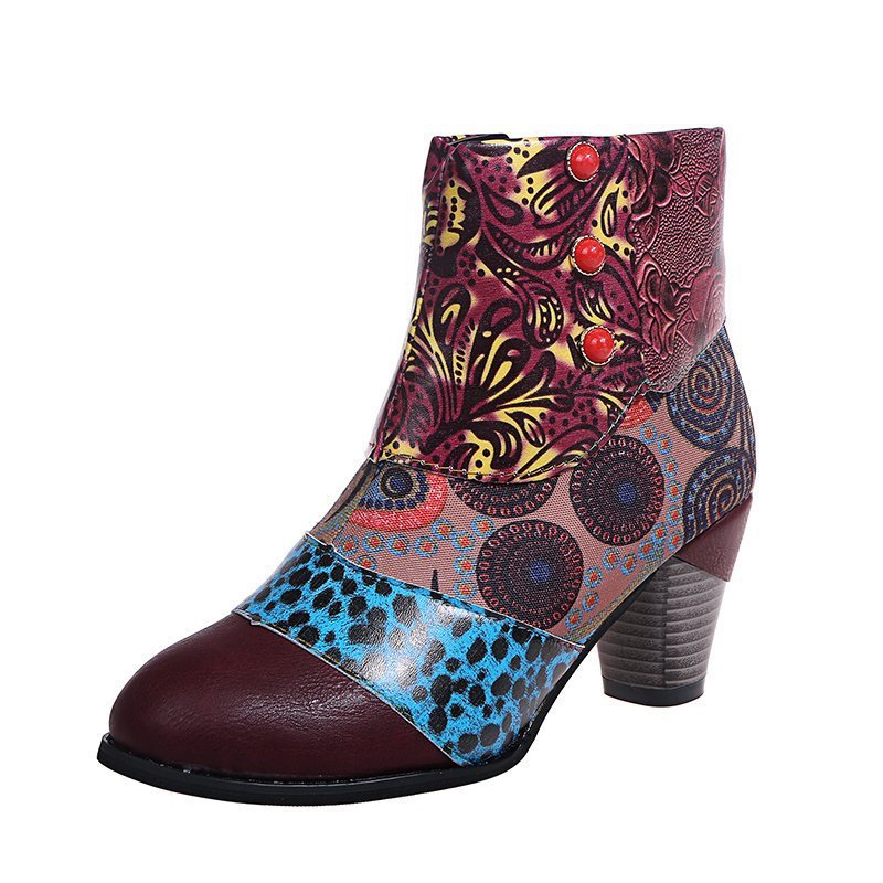 Bottes courtes ShoeVault Cross-Border grandes tailles pour femmes, collection hiver 2021, style ethnique patchwork, bottines Martin à boutons et talons épais._voghion.com