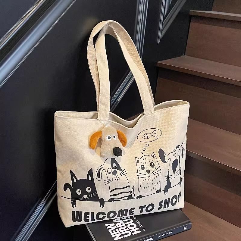Canvas Bag Women's New 2025 Large Capacity Student Shoulder Bag Versatile Cartoon Handbag Tote Commuter Bag