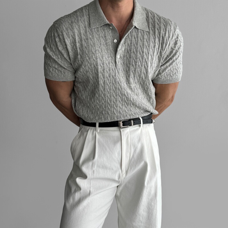 Summer American-style fitness slim-fit stretchy t-shirt in old money gray, twisted short-sleeve knitted polo shirt with a turn-down collar for men Summer American-style fitness slim-fit stretchy t-shirt in old money gray, twisted short-sleeve knitted polo shirt with a turn-down collar for men