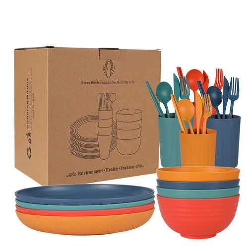 Cross-border Amazon Wheat Straw 32-piece set of plates, bowls, cups, knives, forks, spoons, chopsticks and tableware for 4 people gift set