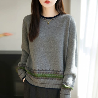 浣熊绒套头毛衣女式圆领民族风拼色提花设计复古长袖打底衫秋冬款