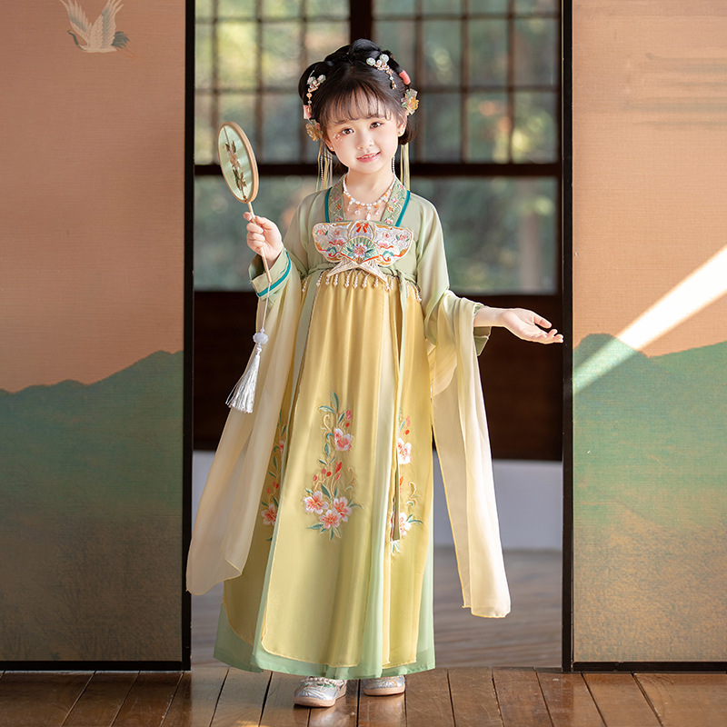 Girls yellow Hanfu fairy princess dresses girls embroidery improved skirt outfit Ru Chinese wind ancient folk costumes fairy long sleeve kimono dresses for kids