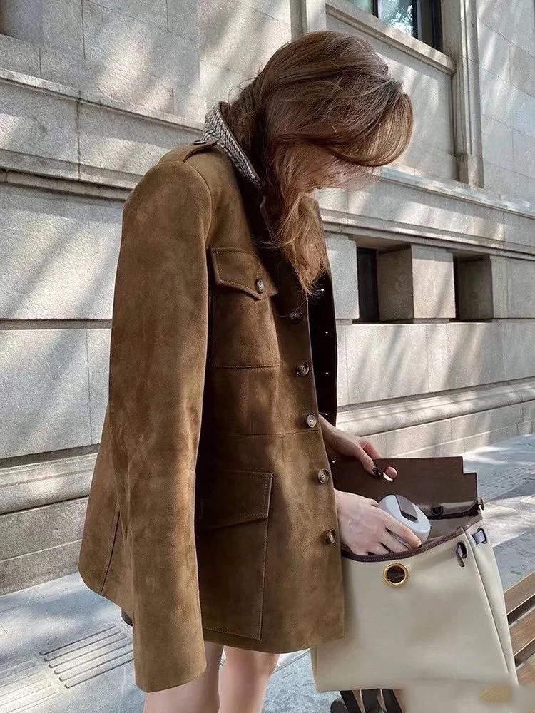 25 Autumn Raf Simons Style Genuine Leather Jacket Goat Leather Suede Vintage Elegant Hunting Jacket Mid-Length Coat