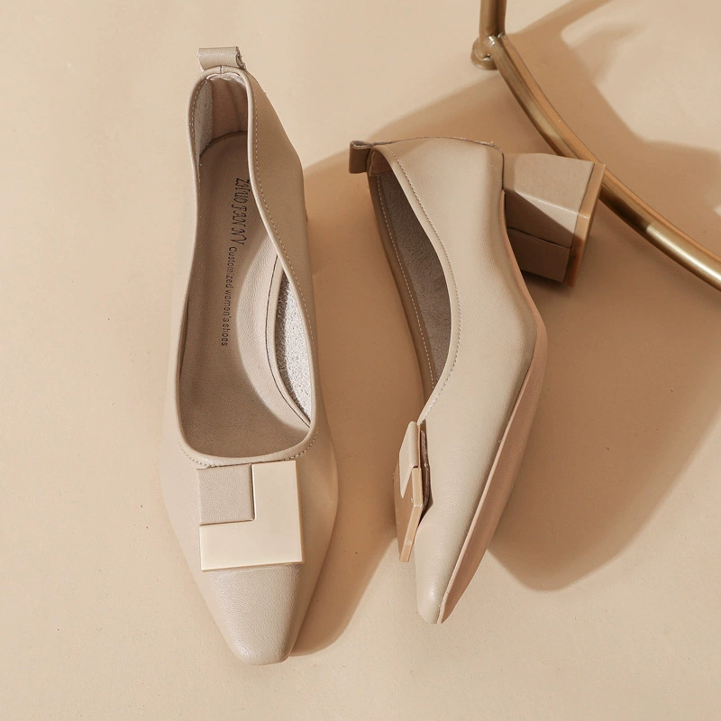 5888-2 кожаные однослойные туфли на массивном каблуке, женские туфли на среднем каблуке, французские элегантные мягкие кожаные туфли телесного цвета с квадратным носком, 5 см