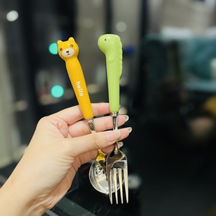 Cartoon Cute Dinosaur Ceramic Handle 304 Stainless Steel Spoon and Fork Set Girly Heart Student Kidsren's Tableware