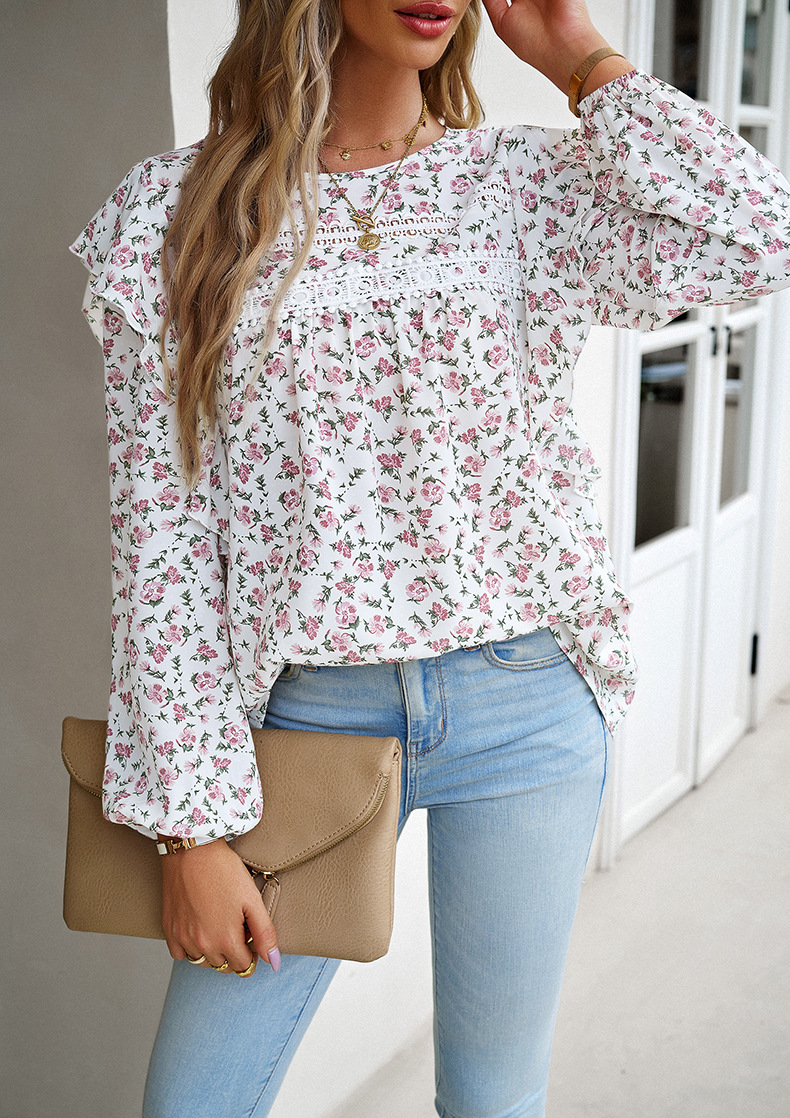 Flounce Sleeve Sleeve Type Spandex, Polyester Fabric Type Women's Blouse Long Sleeve Blouses Printing Casual Ditsy Floral