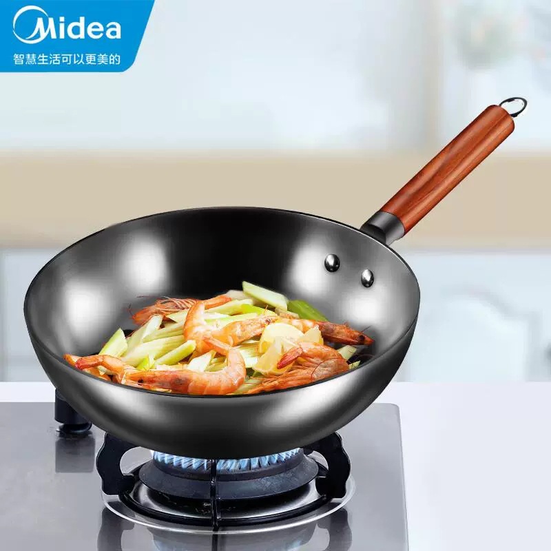 Midea Large Iron Wok 32cm Non-Coated Cooking Pot Suitable for Gas Stoves and Induction Cookers Mp-Ct32A