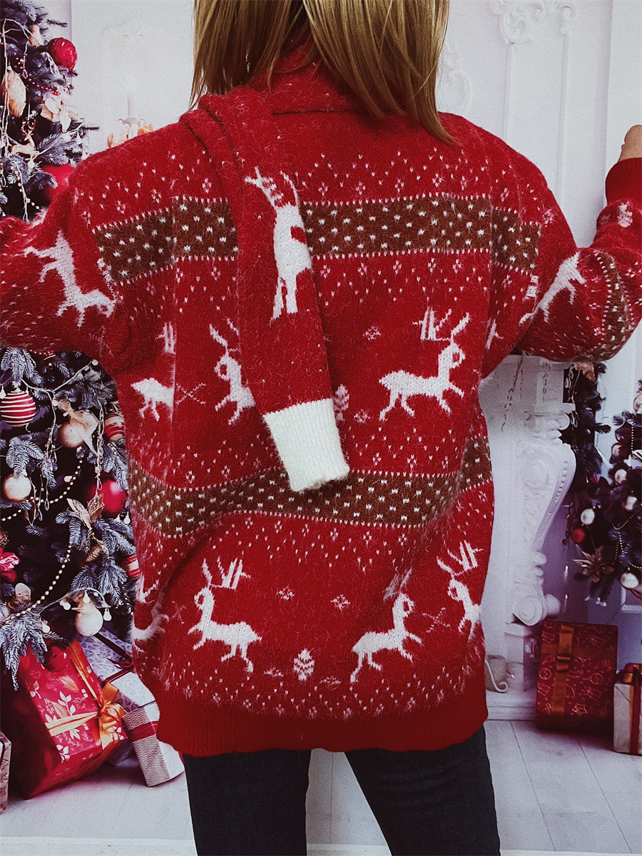 Damen Weihnachtspullover Mit Schal Im Rentier- Und Schneeflockenmuster_voghion.com