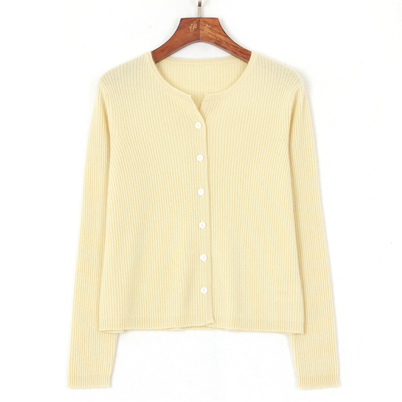 2*2 Striped Round Neck 6 Shell Button Straight Slim-Fit Cardigan Pure Cashmere Women's Slimming Skin-Friendly Knitwear