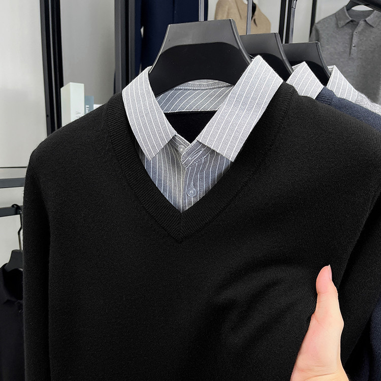 Suéter de punto casual de hombre delgado falso de dos piezas chaqueta nueva chaqueta gris de otoño y invierno simple camisa de punto con solapa