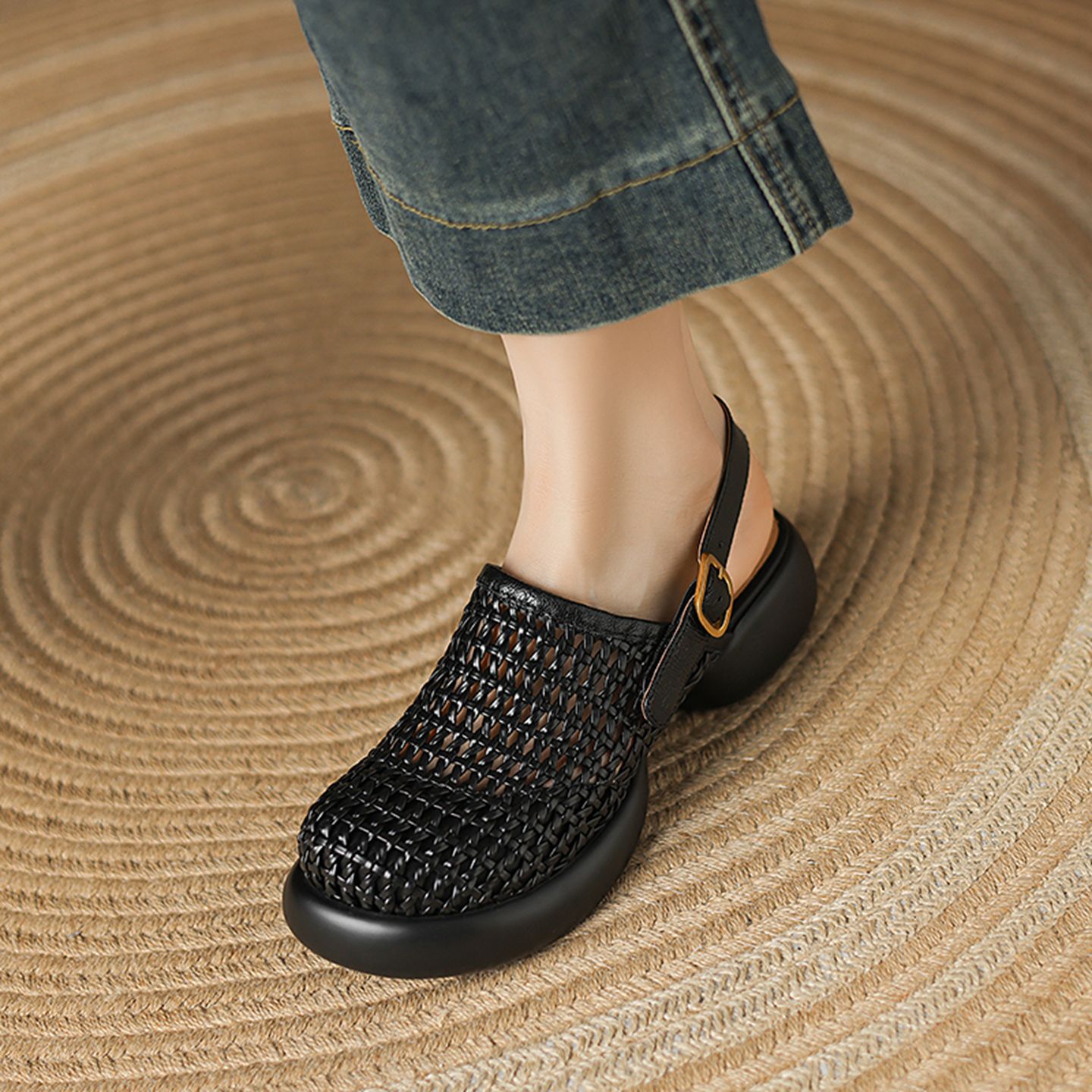 Sandal cao gót nữ đế dày gót vuông mũi hở phong cách La Mã — đen