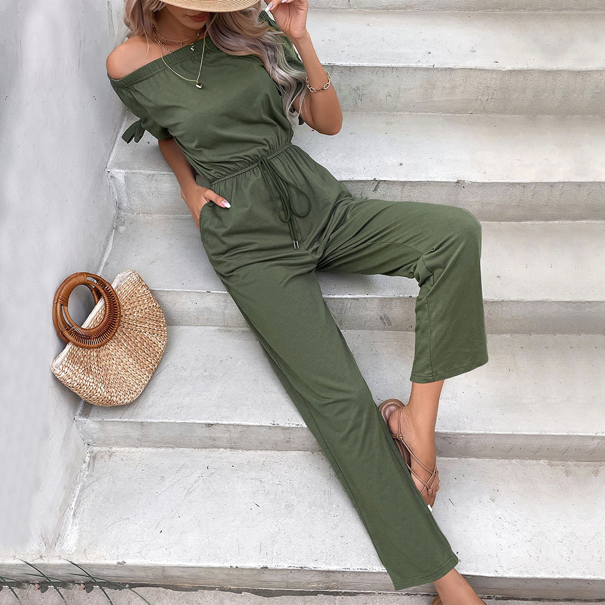 Solid Color Off-shoulder Lace-up Jumpsuits_voghion.com
